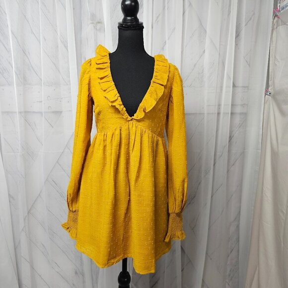 Tularosa Mustard Peasant Blouse Swiss Dot Ruffle Smocked Tunic Boho S - Picture 15 of 15
